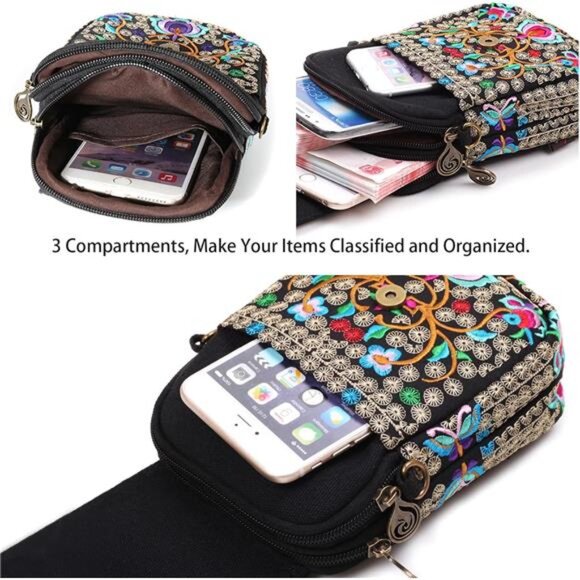 Embroidery Flowers Canvas Crossbody Bag,